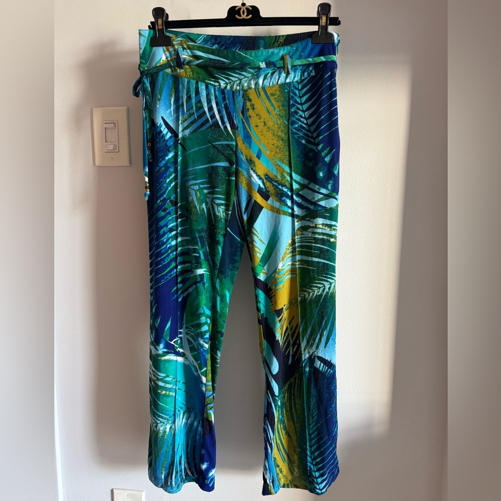 Cache Blue Green Palm Botanical Print Resort Style Relaxed Fit Pants /Capris Sz2